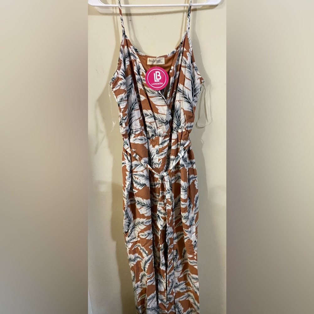 Brown and White Feather Print Jumpsuit